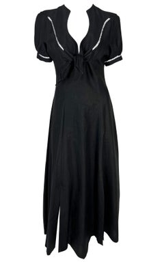 S/S 1992 Thierry Mugler Sheer Black Linen Tie Slit Maxi Flare Western Dress