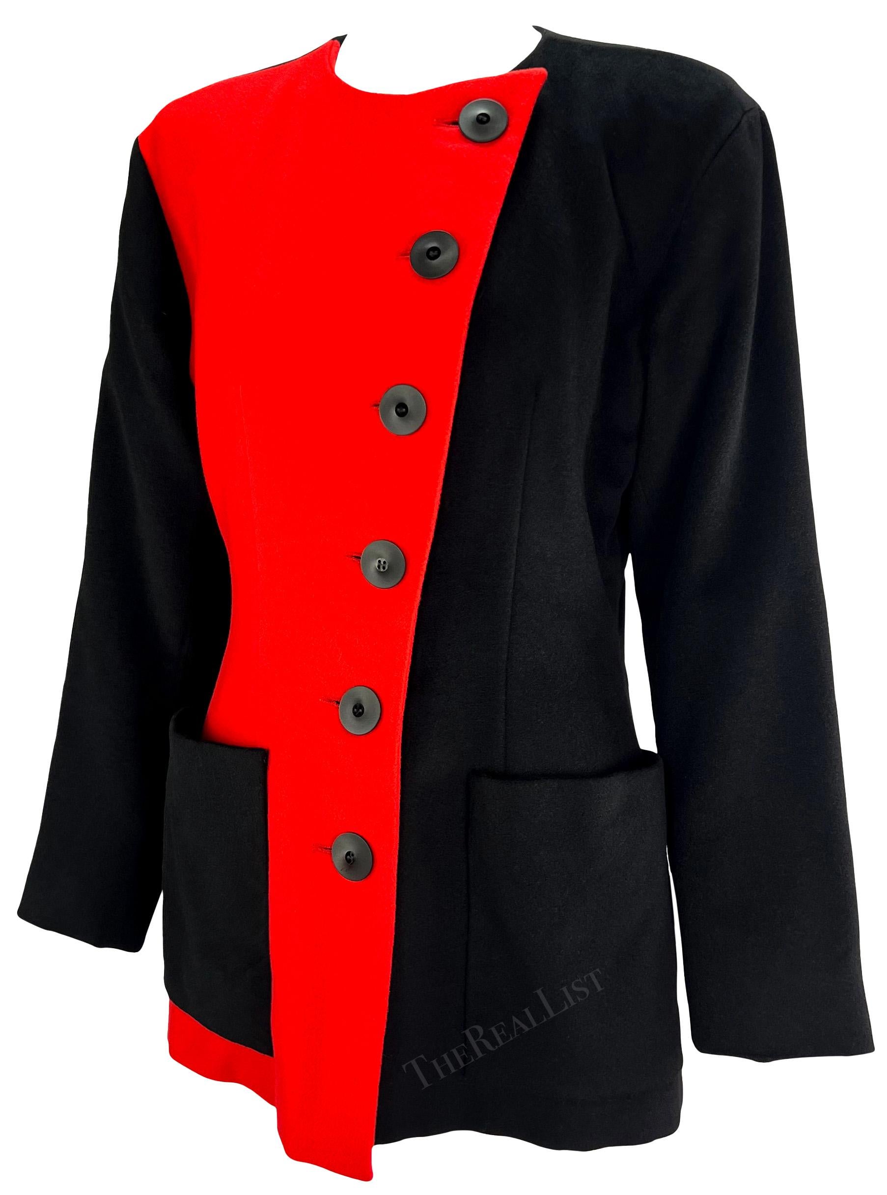 S/S 1992 Yves Saint Laurent Red Color-Block Black Mini Coat Dress Blazer Jacket In Excellent Condition For Sale In West Hollywood, CA