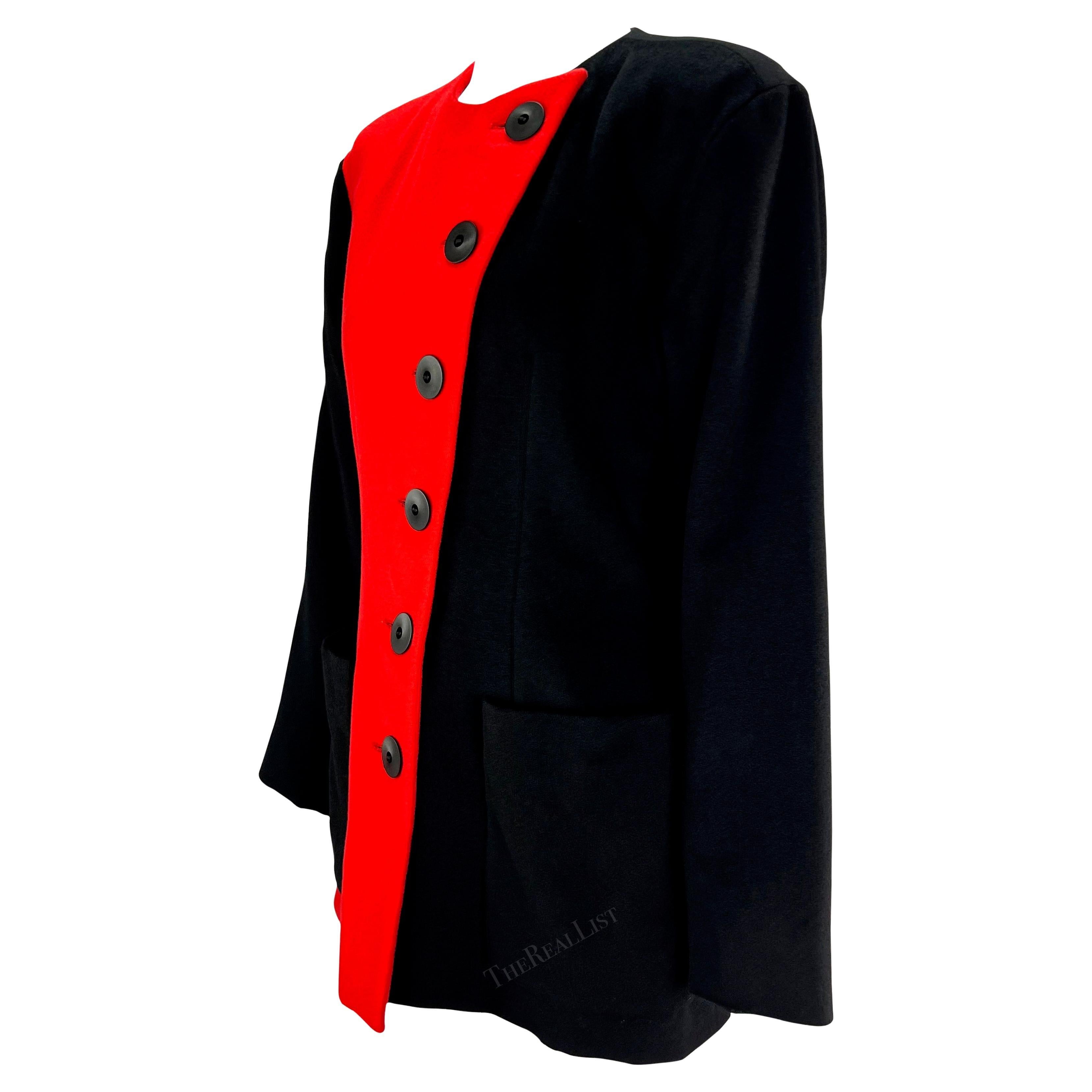 Women's S/S 1992 Yves Saint Laurent Red Color-Block Black Mini Coat Dress Blazer Jacket For Sale