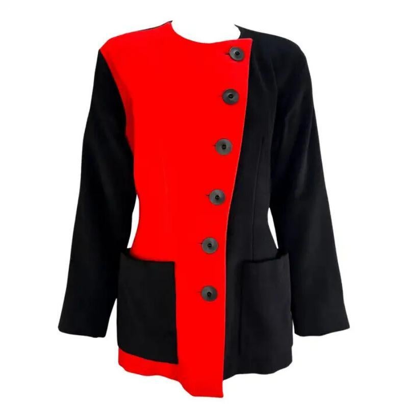 P/E 1992 Yves Saint Laurent Rosso Color-Block Nero Mini Cappotto Abito Giacca Blazer