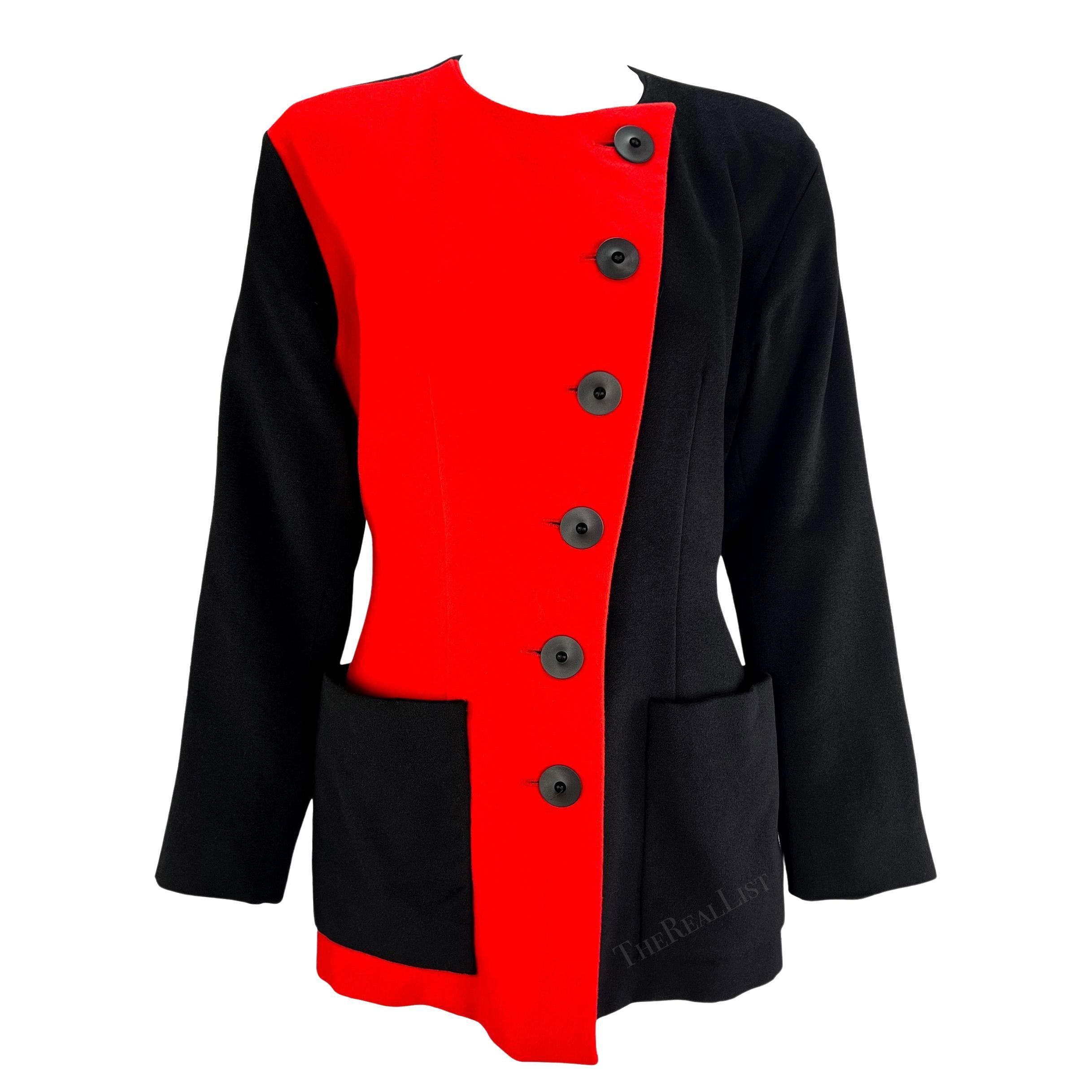F/S 1992 Yves Saint Laurent Rotes Farbblock-Schwarzes Minimantelkleid mit Blazer und Jacke im Angebot