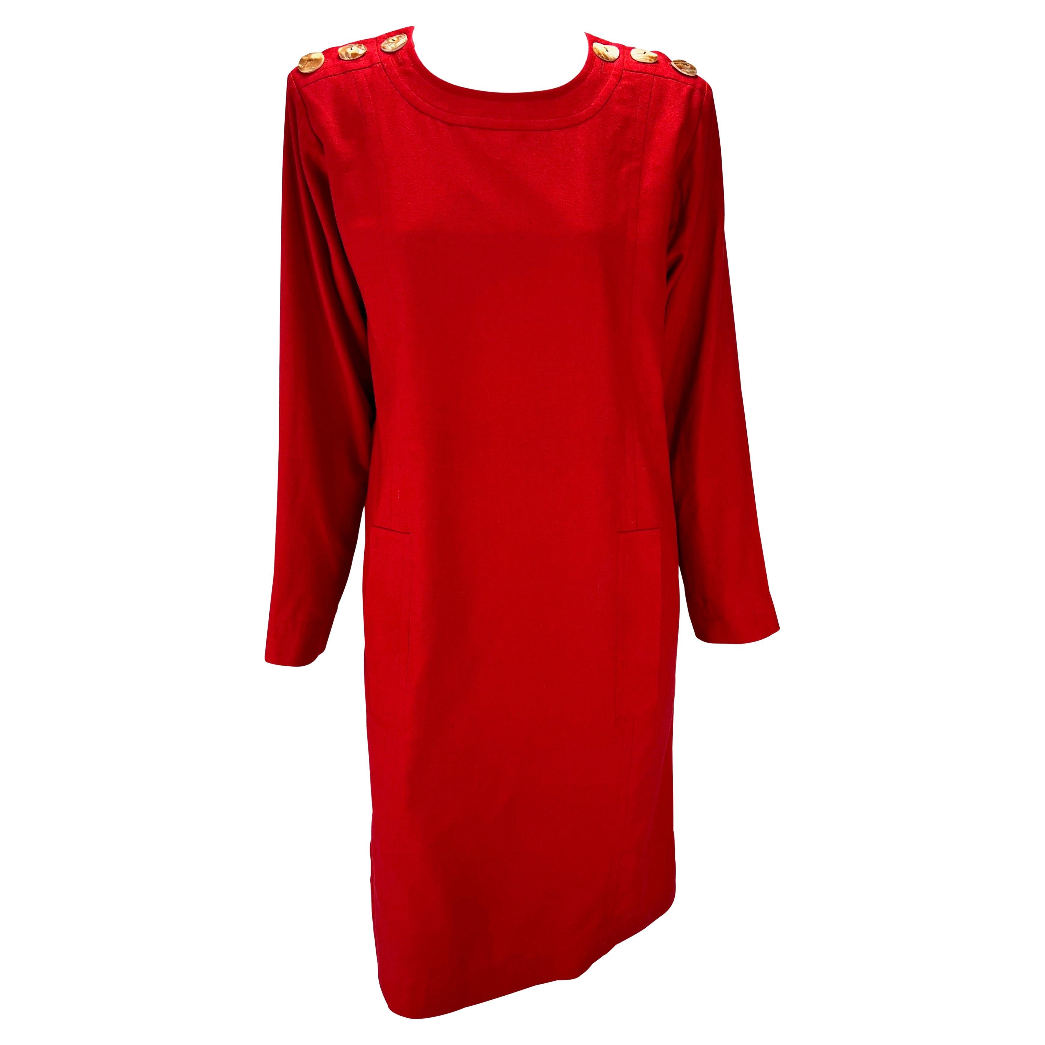 S/S 1992 Yves Saint Laurent Rive Gauche Red Silk Carved Shell Pocket Shift Dress