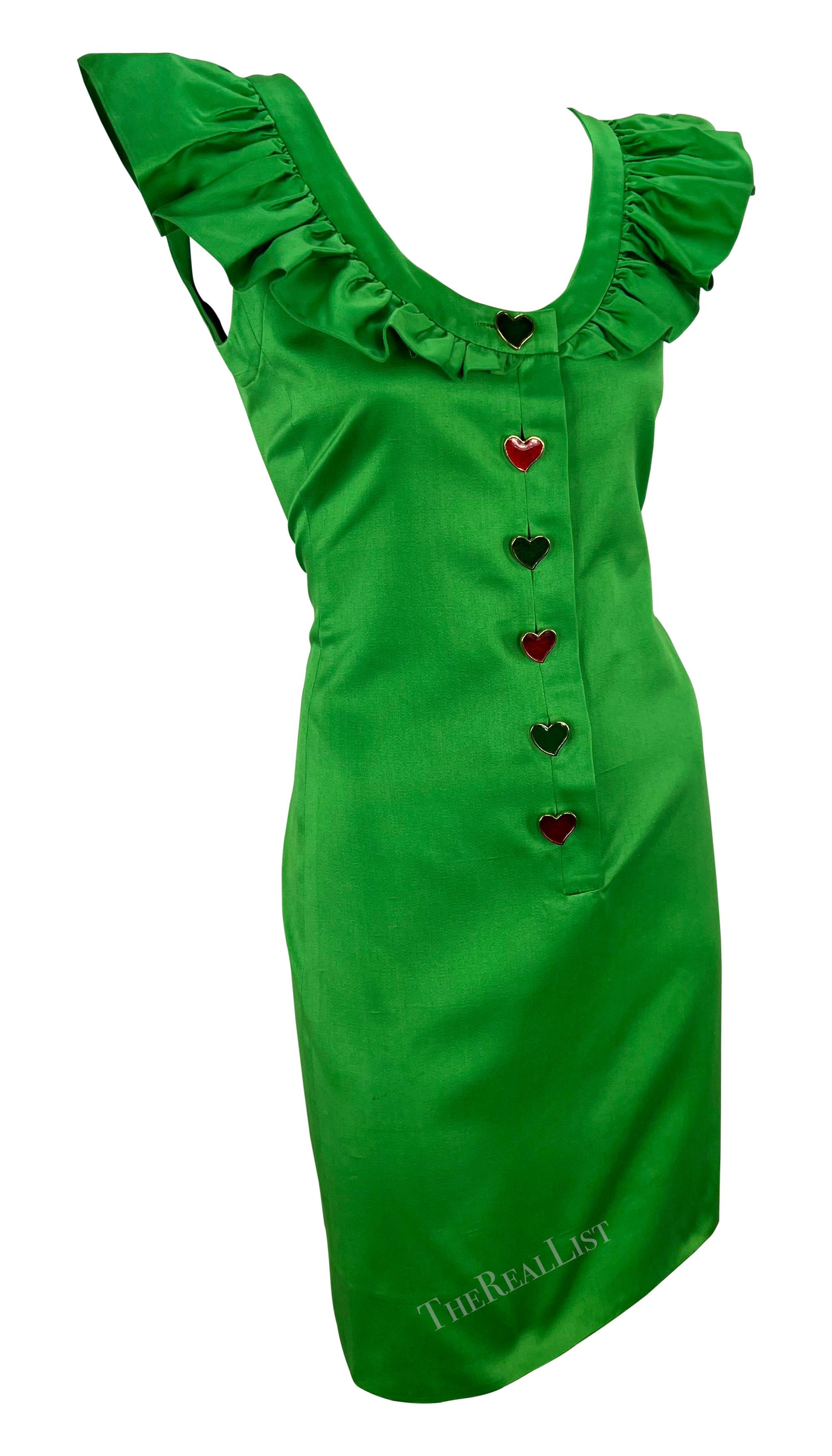 S/S 1992 Yves Saint Laurent Runway Ad Bright Green Ruffle Heart Button Dress For Sale 6
