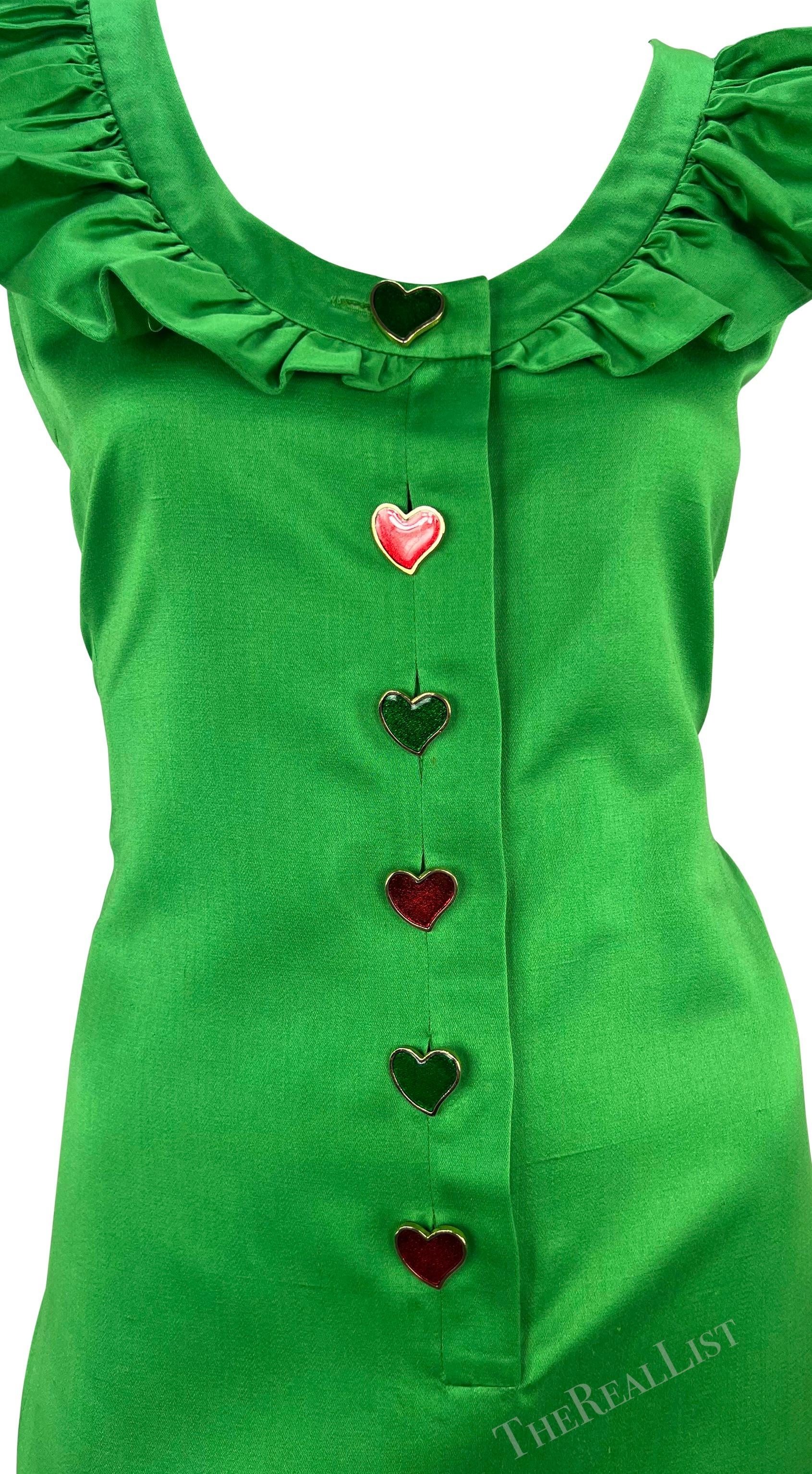 Women's S/S 1992 Yves Saint Laurent Runway Ad Bright Green Ruffle Heart Button Dress For Sale