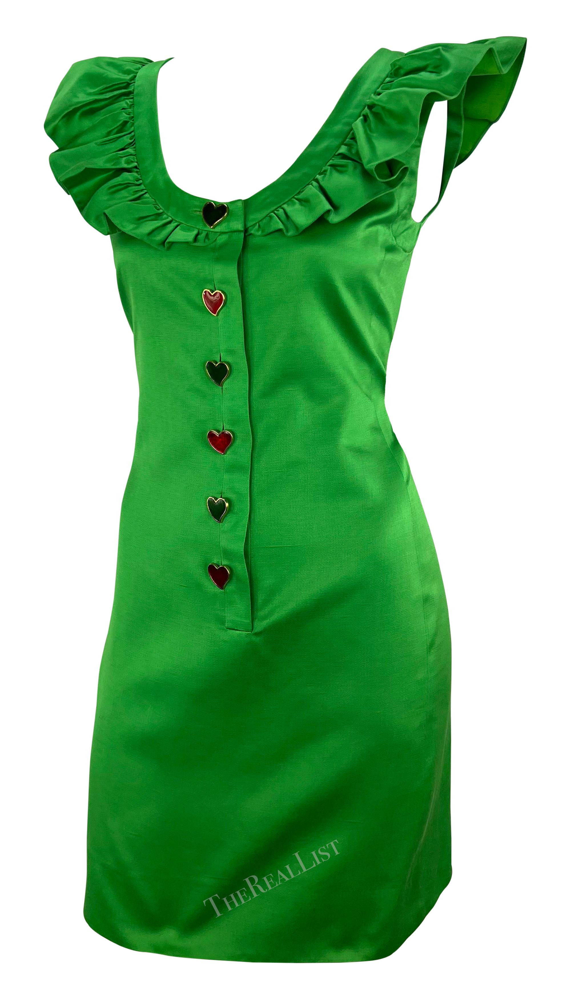 S/S 1992 Yves Saint Laurent Runway Ad Bright Green Ruffle Heart Button Dress For Sale 1