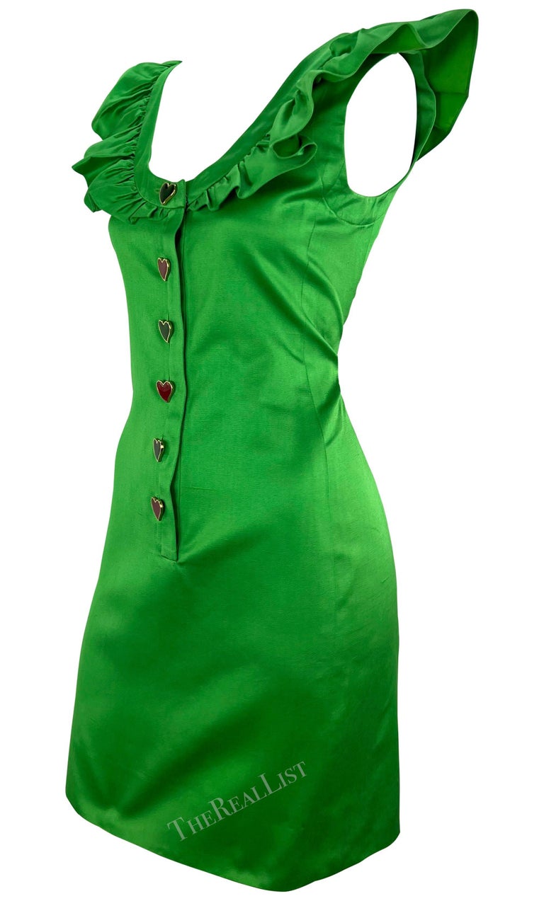 S/S 1992 Yves Saint Laurent Runway Ad Bright Green Ruffle Heart Button Dress For Sale at 1stDibs S/S 1992 Yves Saint Laurent Runway Ad Bright Green Ruffle Heart Button Dress For Sale at 1stDibs