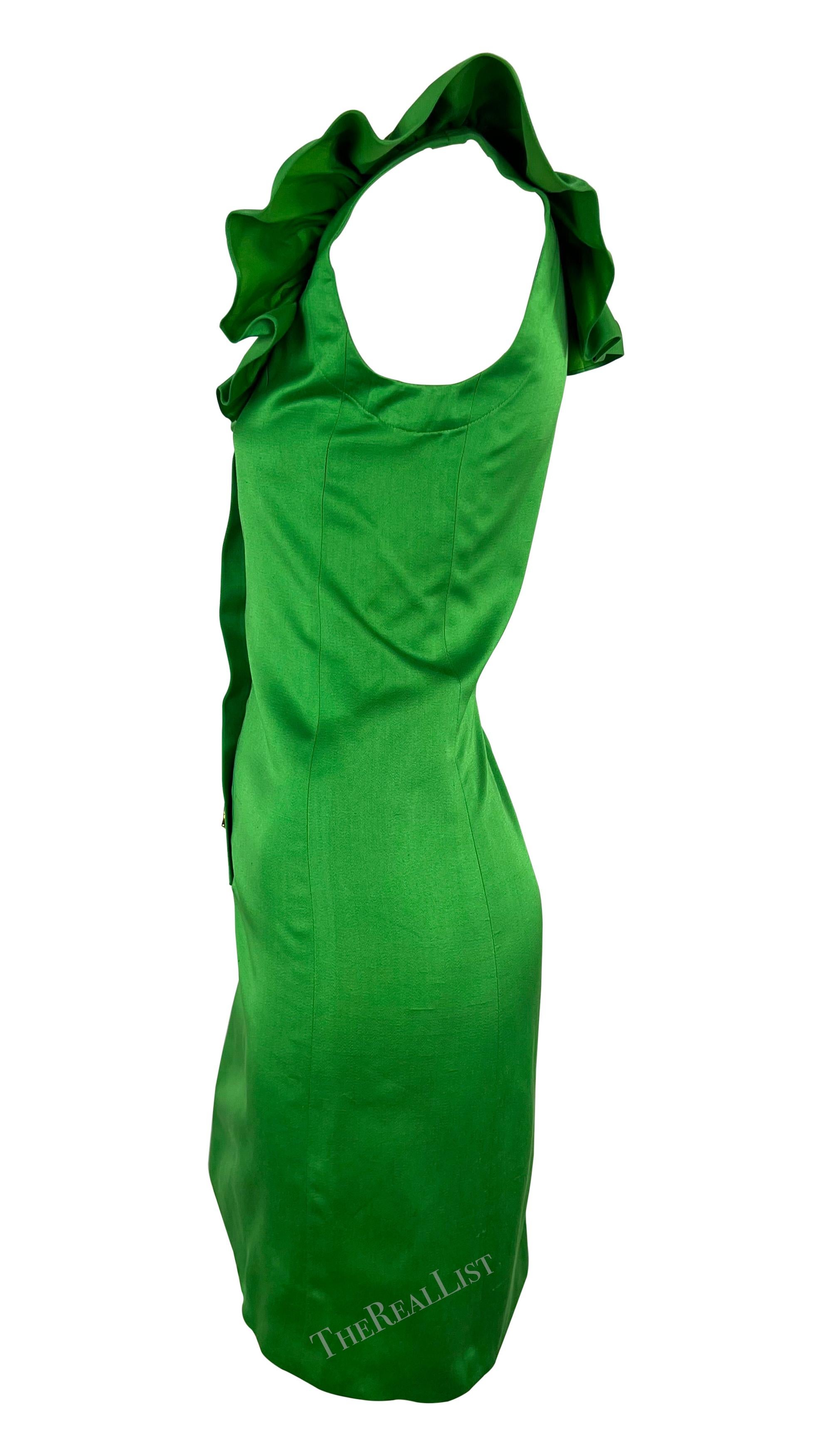 S/S 1992 Yves Saint Laurent Runway Ad Bright Green Ruffle Heart Button Dress For Sale 3