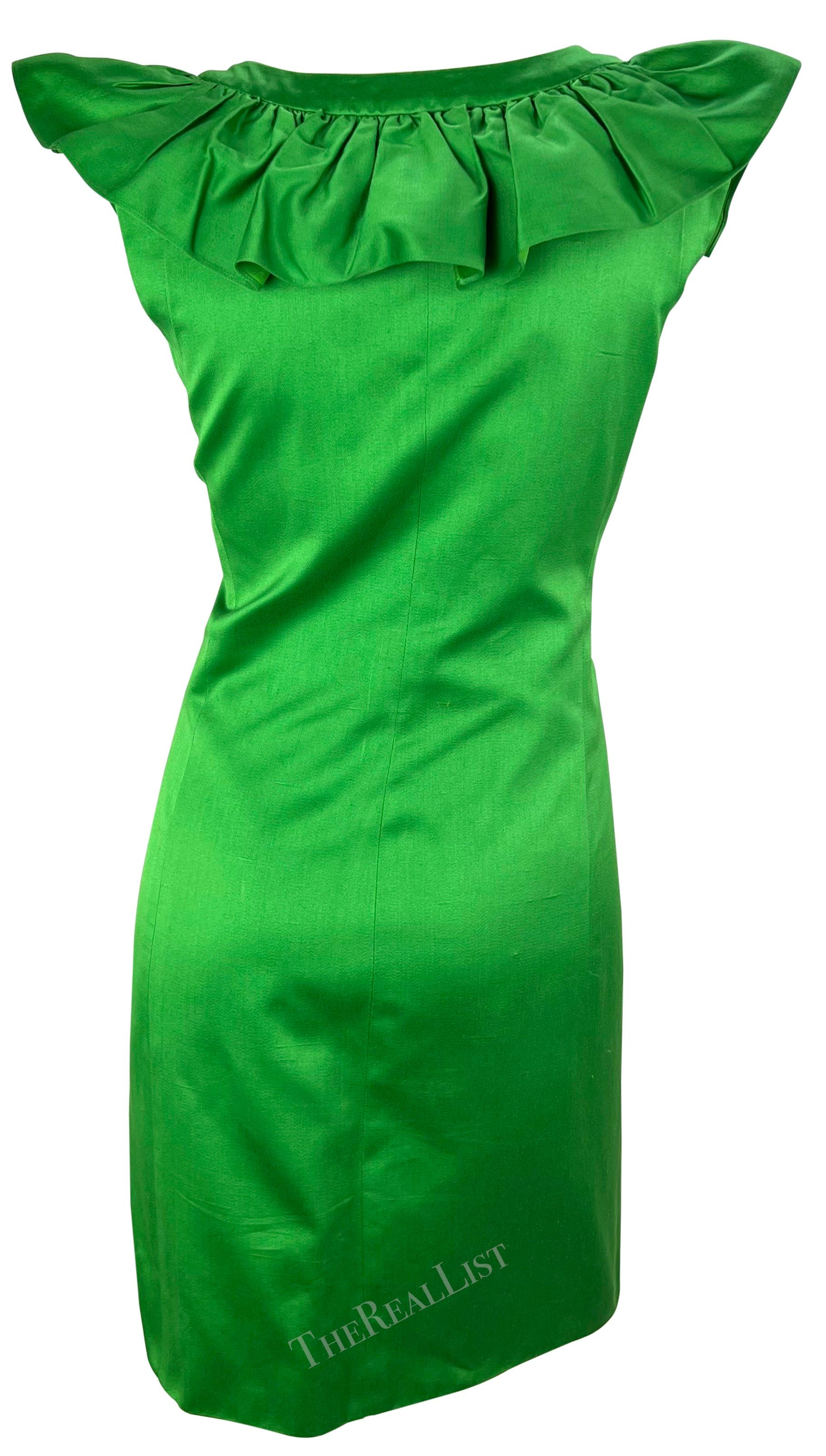 S/S 1992 Yves Saint Laurent Runway Ad Bright Green Ruffle Heart Button Dress For Sale 4
