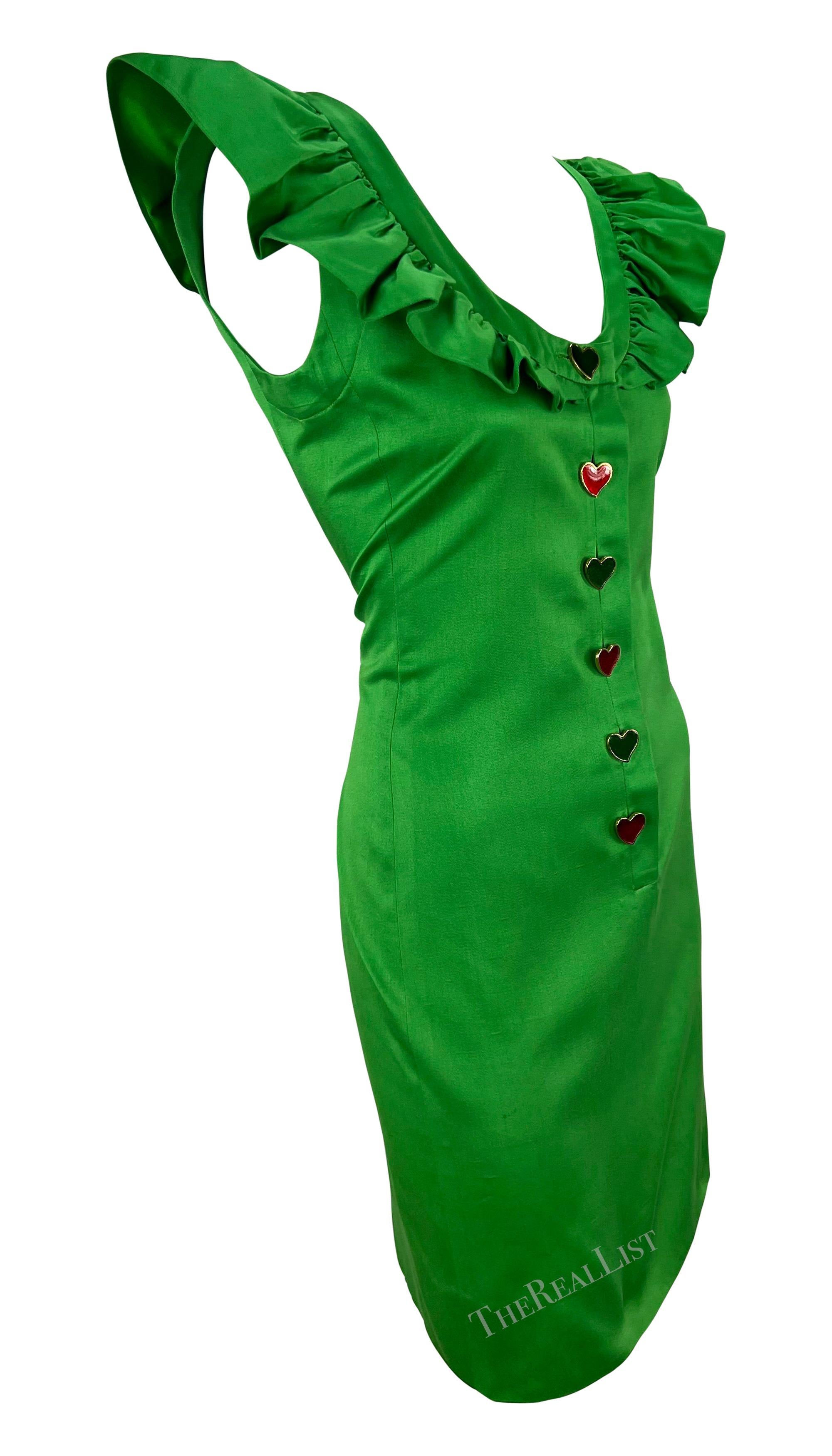 S/S 1992 Yves Saint Laurent Runway Ad Bright Green Ruffle Heart Button Dress For Sale 5