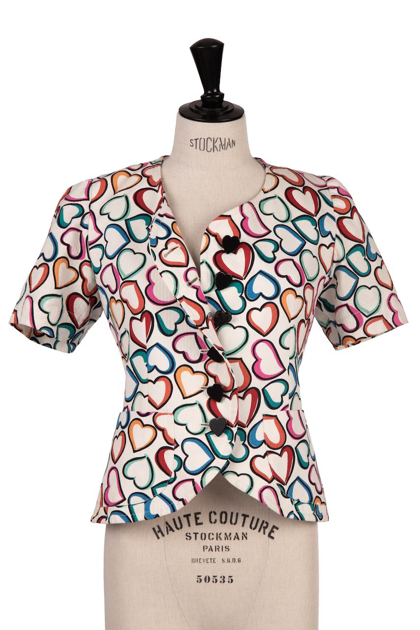 S/S 1992 YVES SAINT LAURENT White Multi-Coloured Heart Print Jacket or Top For Sale 1