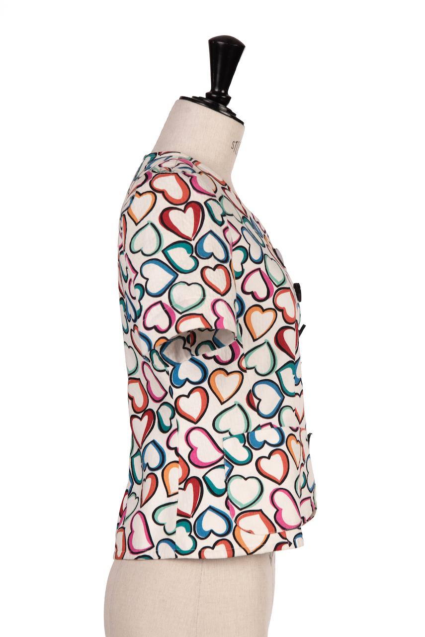 S/S 1992 YVES SAINT LAURENT White Multi-Coloured Heart Print Jacket or Top In Excellent Condition For Sale In Munich, DE