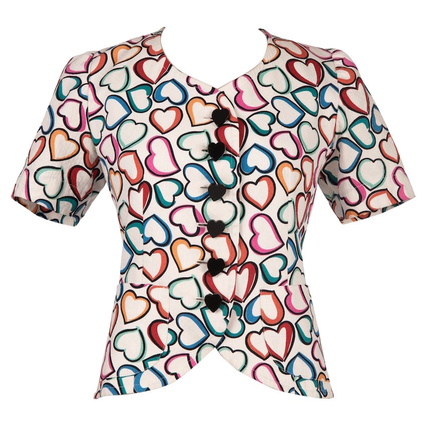 F/S 1992 YVES SAINT LAURENT Weiße Jacke oder Oberteil mit mehrfarbigem Herzdruck