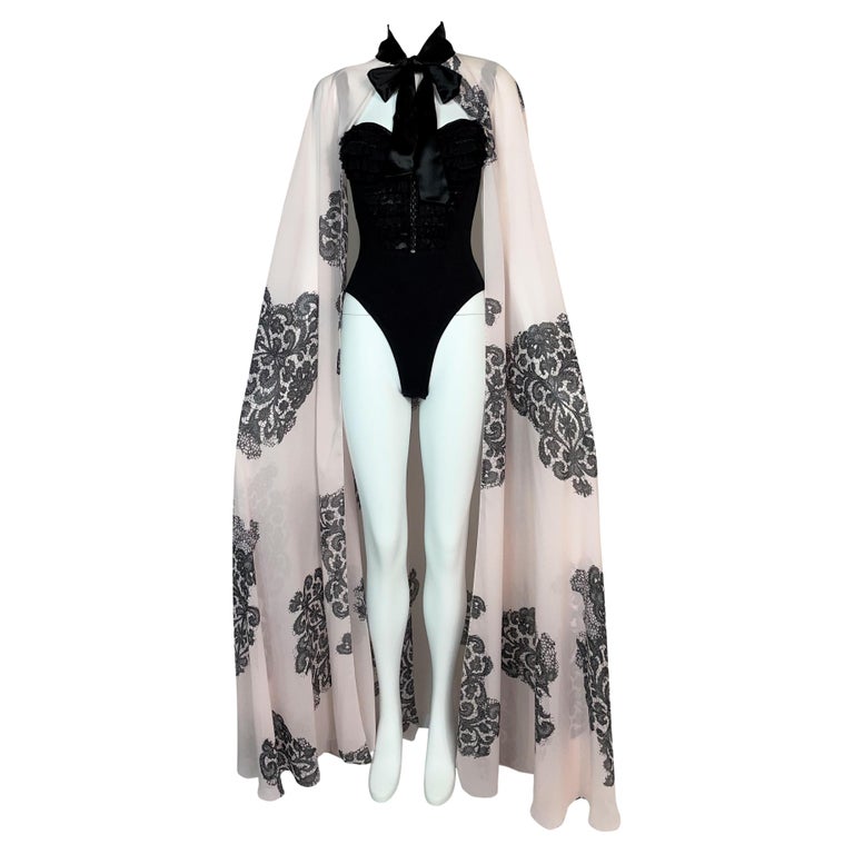 S/S 1993 Chantal Thomass Runway Black Lace Bodysuit and Pink Lace Print  Cape For Sale at 1stDibs | black lace cloak, chantal thomass bustier, chantal  thomass corset