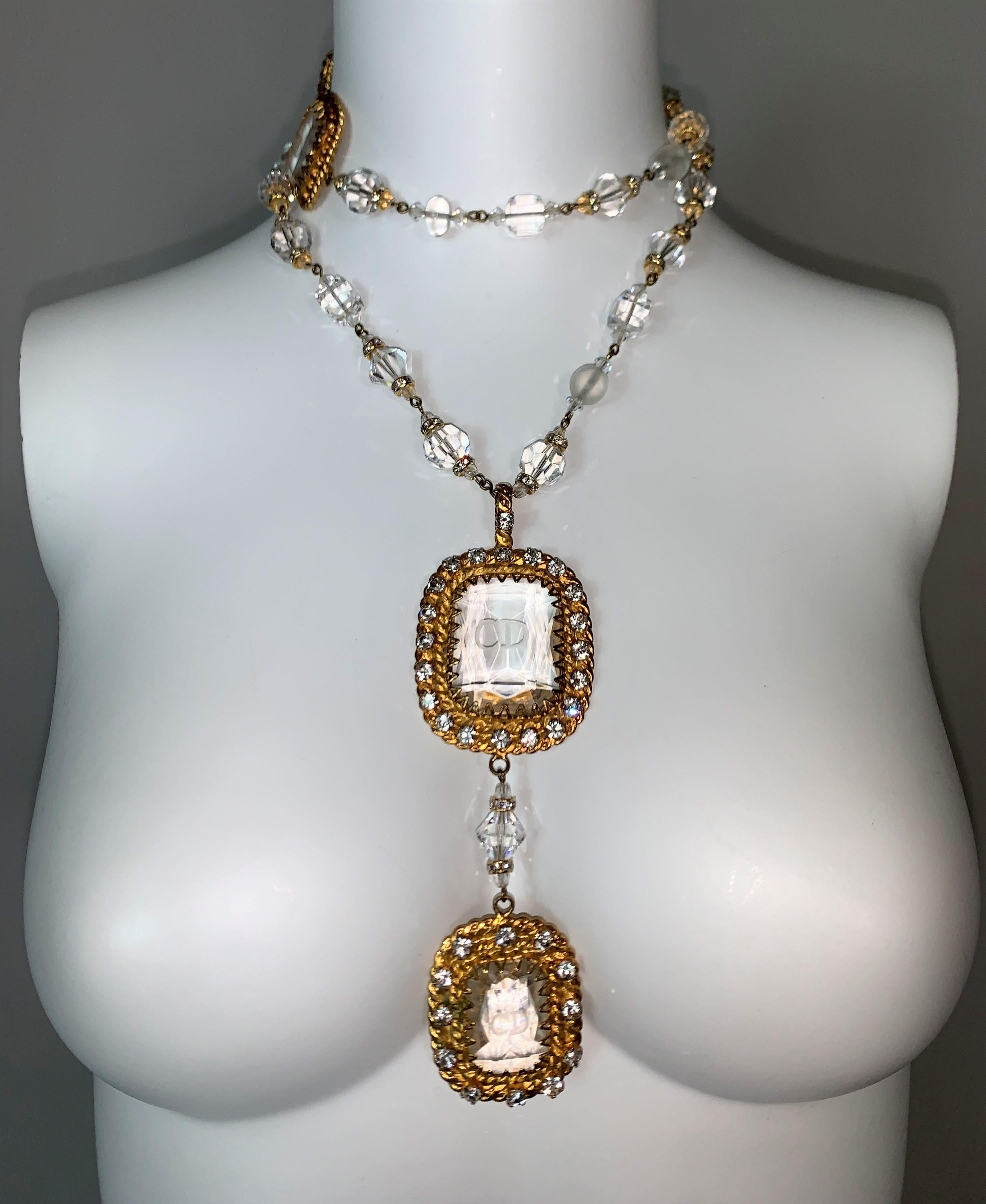S/S 1993 Christian Dior Gold Clear Strass Crystal Logo Engraved Long Necklace In Good Condition In Yukon, OK