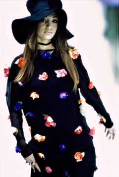 S/S 1993 Dolce & Gabbana Runway Floral Appliqué Tunic Black Sheer Silk Top