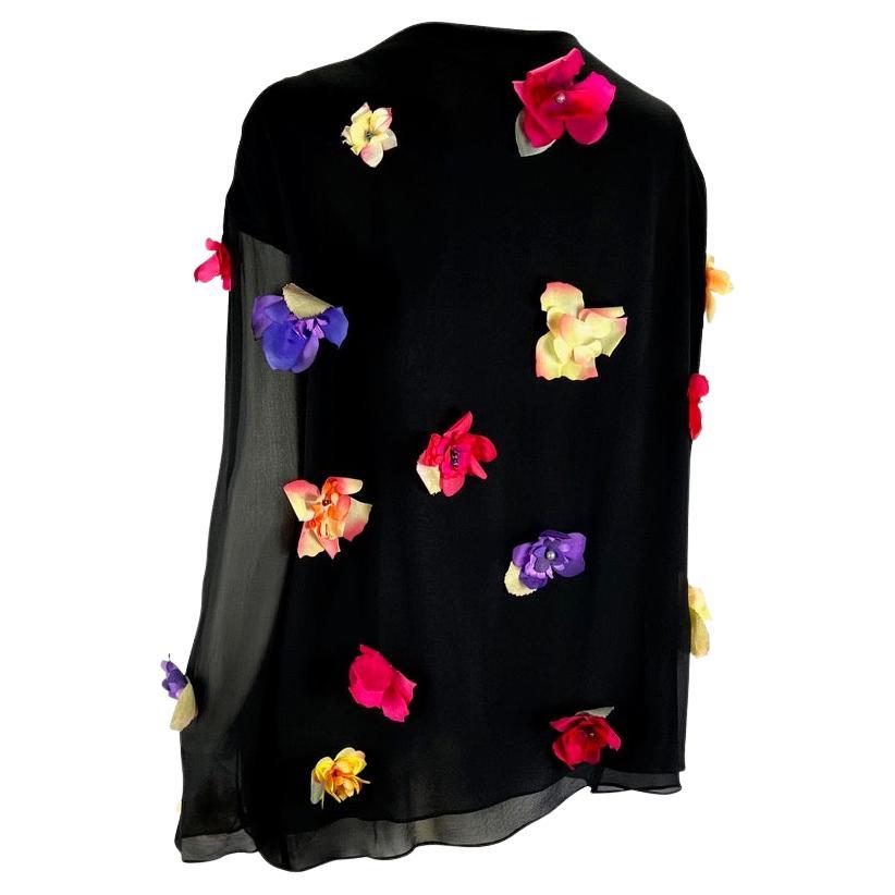 S/S 1993 Dolce & Gabbana Runway Floral Appliqué Tunic Black Sheer Silk Top In Good Condition For Sale In West Hollywood, CA