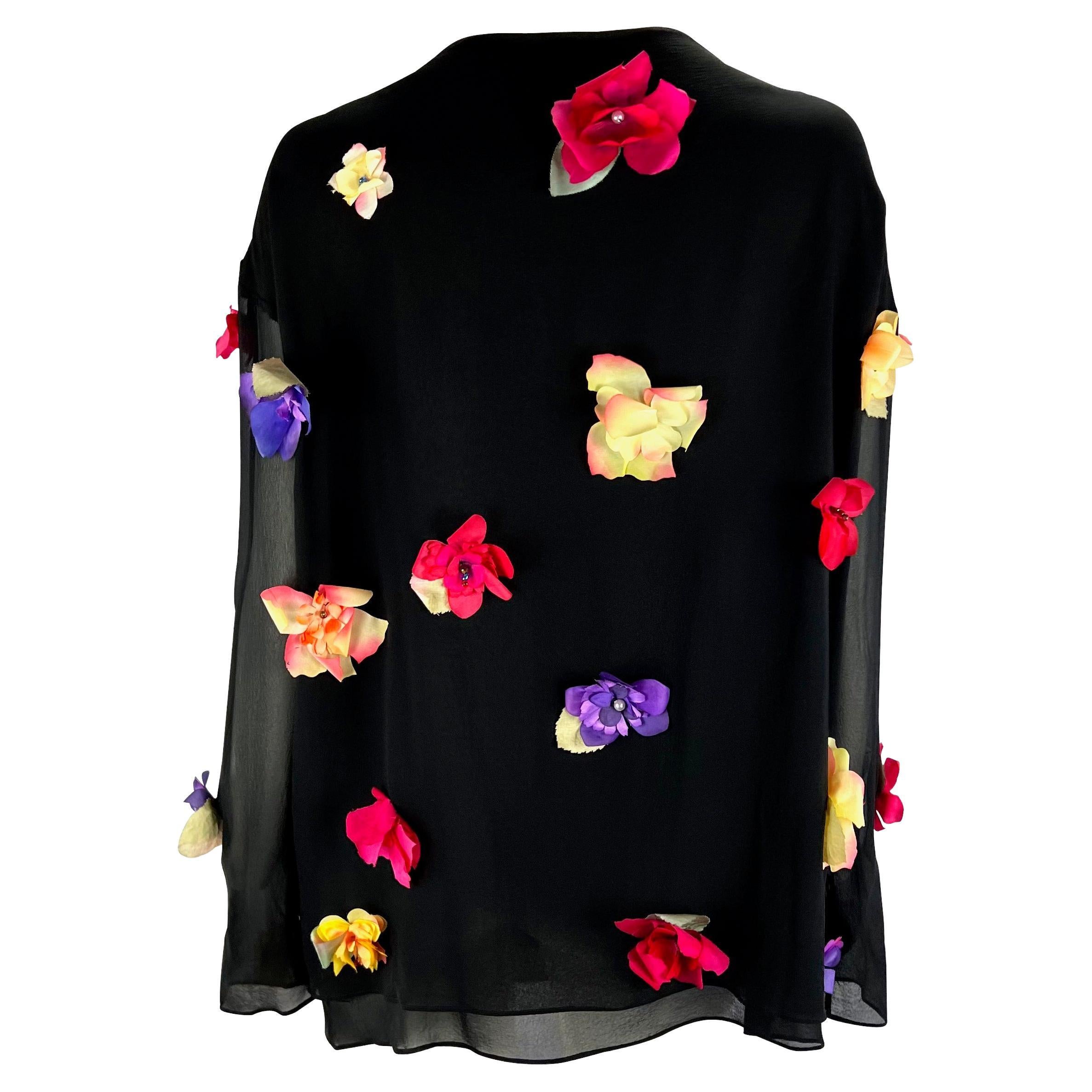 Women's S/S 1993 Dolce & Gabbana Runway Floral Appliqué Tunic Black Sheer Silk Top For Sale
