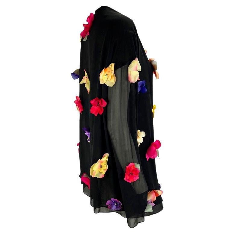 S/S 1993 Dolce & Gabbana Runway Floral Appliqué Tunic Black Sheer Silk Top For Sale 1