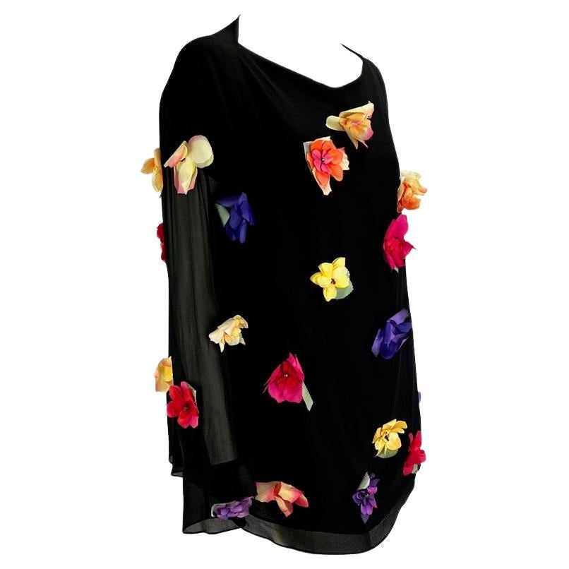 S/S 1993 Dolce & Gabbana Runway Floral Appliqué Tunic Black Sheer Silk Top For Sale 2