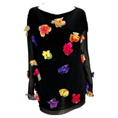 Retro S/S 1993 Dolce & Gabbana Runway Floral Appliqué Tunic Black Sheer Silk Top