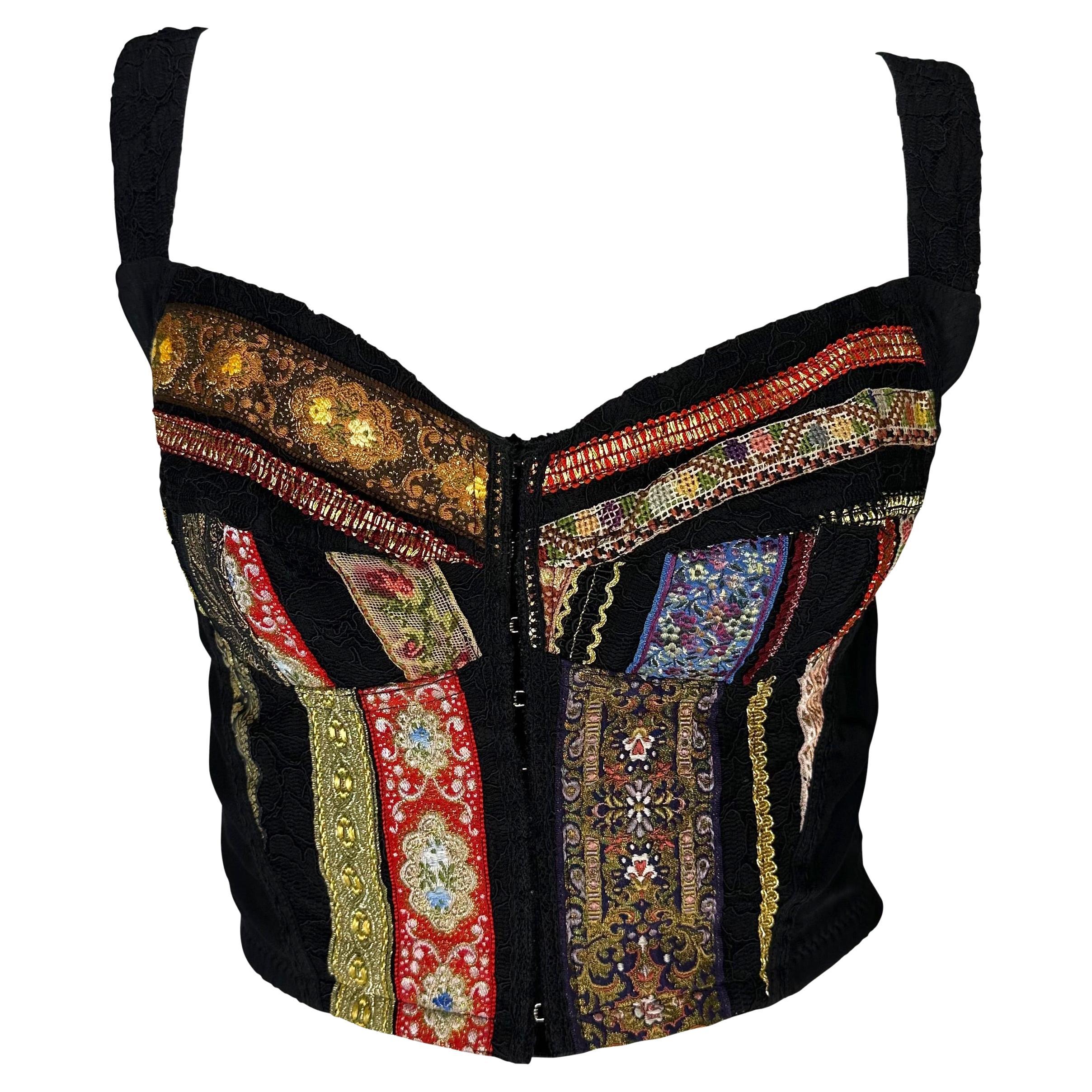 S/S 1993 Dolce & Gabbana Runway Metallic Ribbon Lace Patchwork Bustier Crop Top For Sale