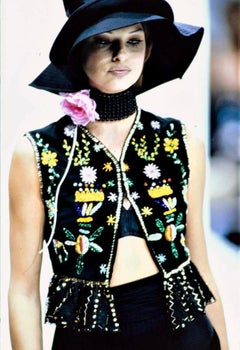 S/S 1993 Dolce & Gabbana Runway Multicolor Beaded Black Cropped Vest Top IT42