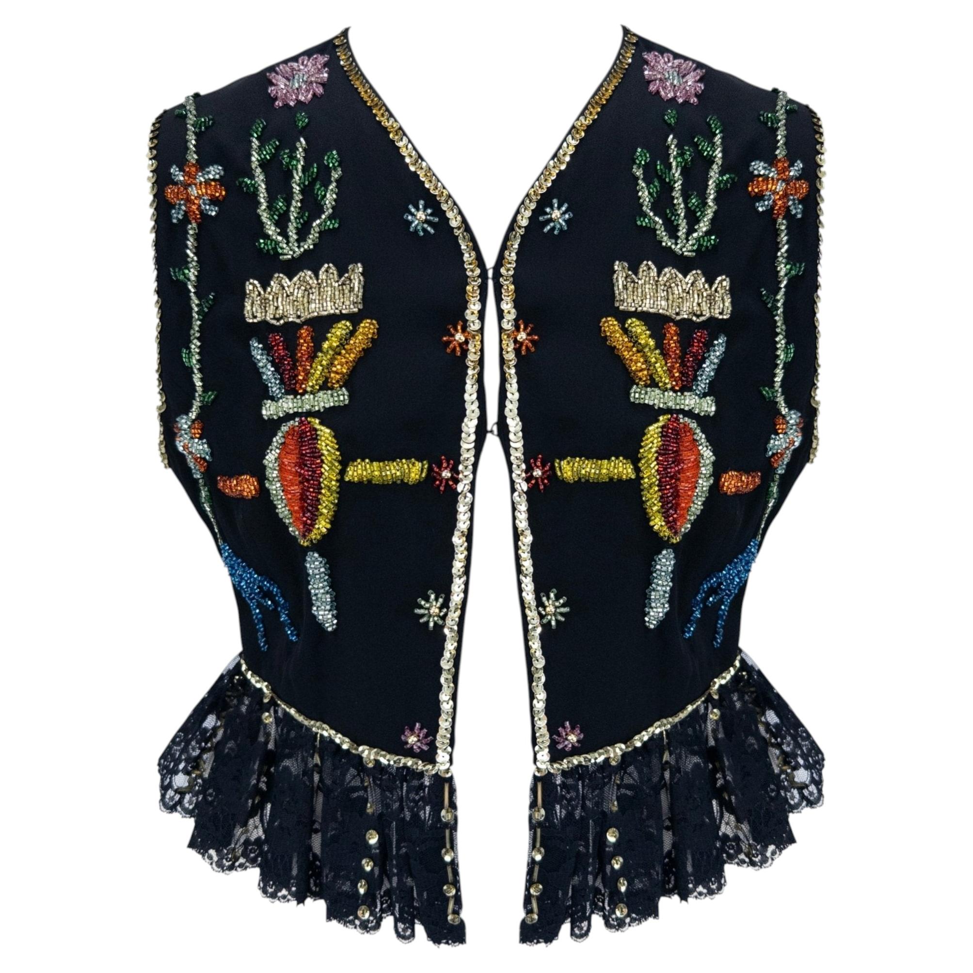 S/S 1993 Dolce & Gabbana Runway Multicolor Beaded Black Cropped Vest Top IT42 For Sale