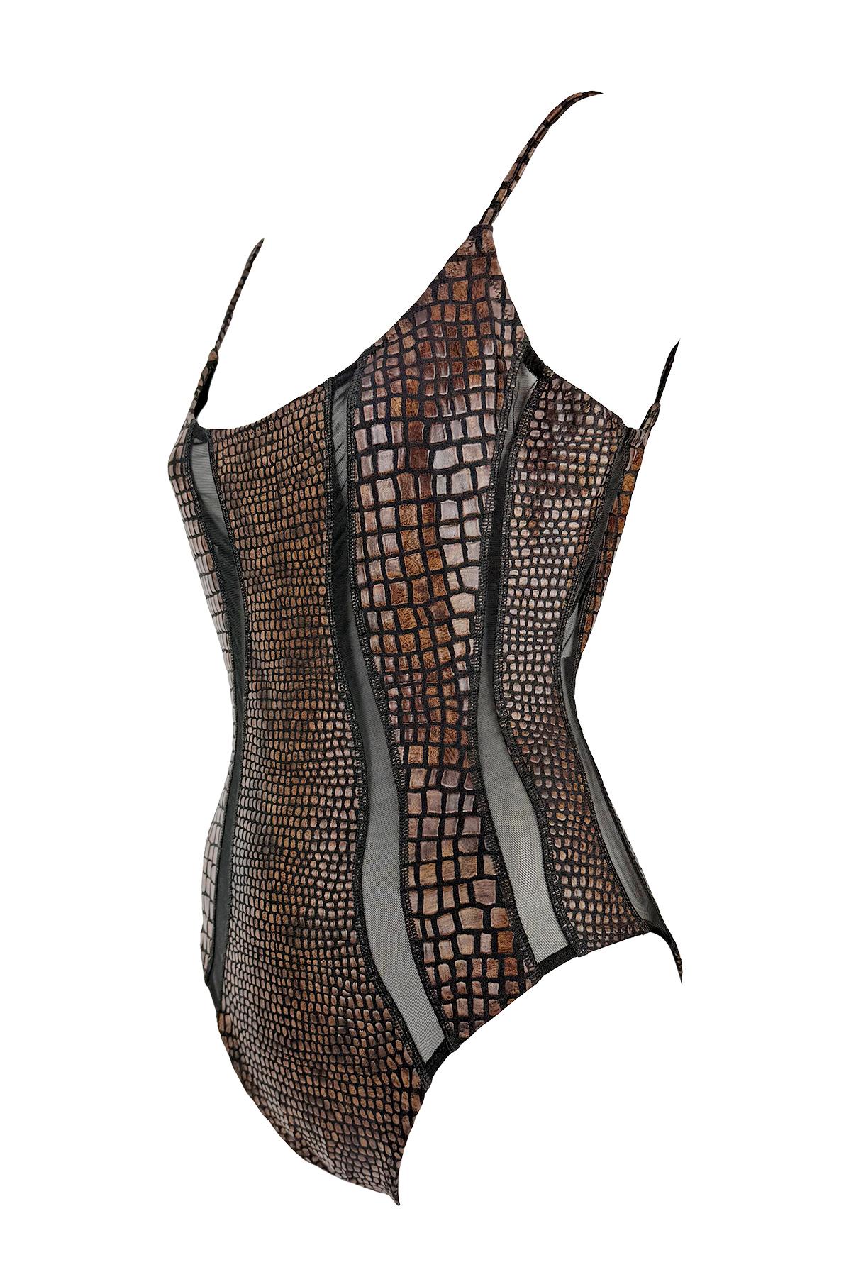 Black S/S 1993 Gianfranco Ferré Ad Brown Scale Print Sheer Cutout One Piece Swimsuit For Sale