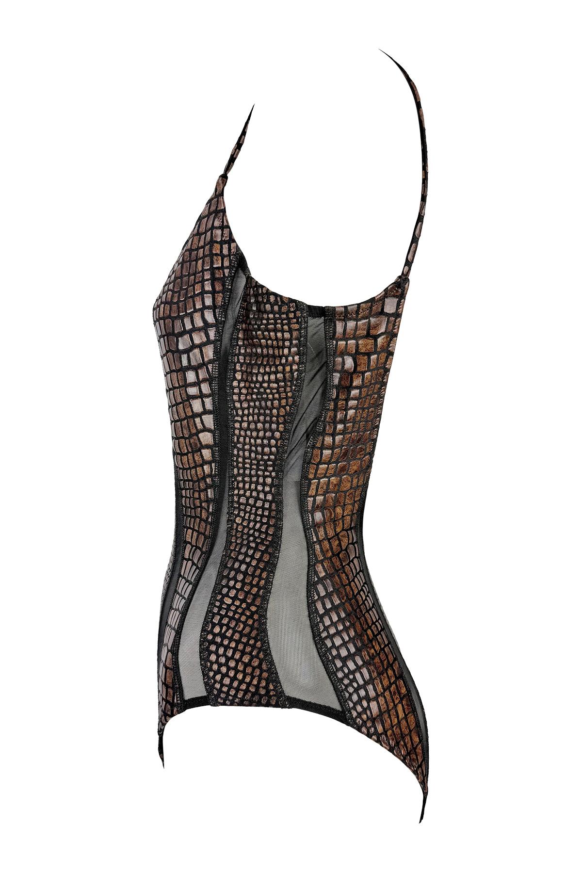 S/S 1993 Gianfranco Ferré Ad Brown Scale Print Sheer Cutout One Piece Swimsuit In Excellent Condition For Sale In West Hollywood, CA