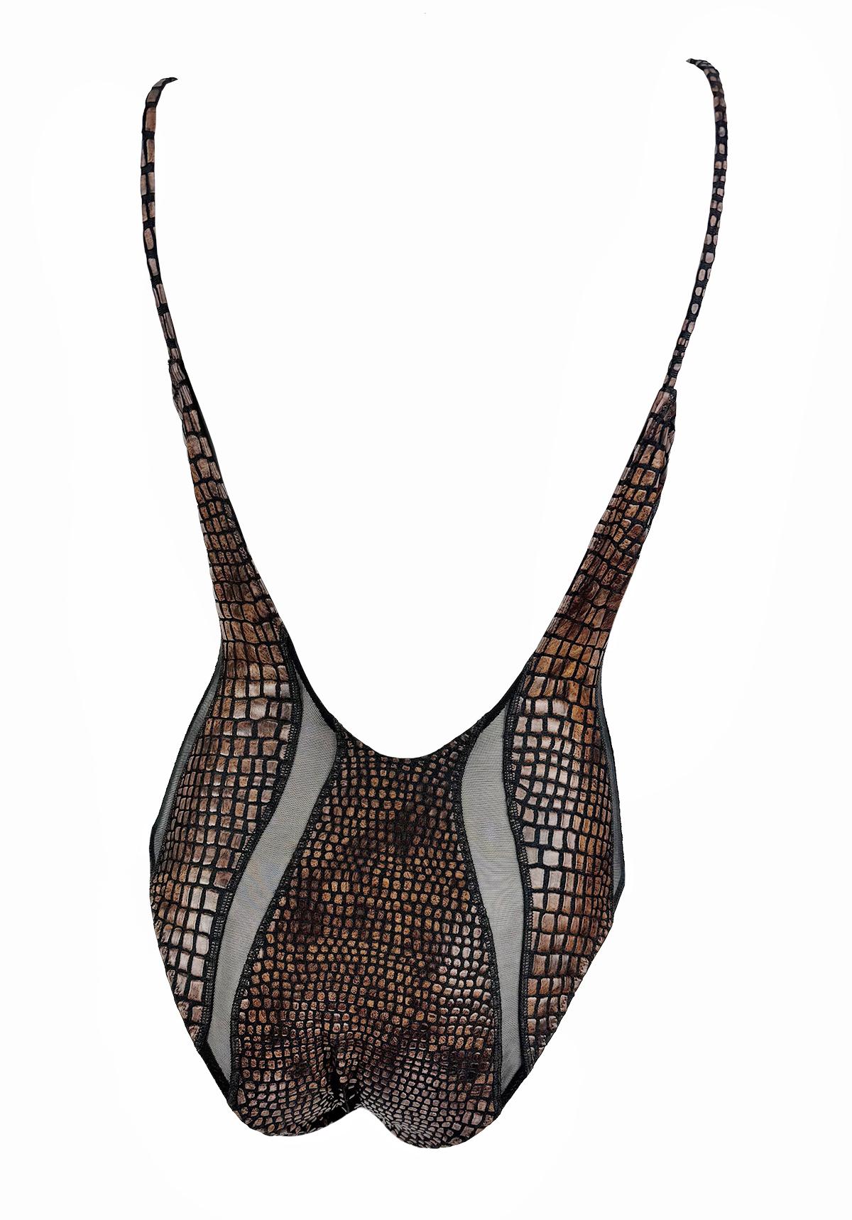 Women's S/S 1993 Gianfranco Ferré Ad Brown Scale Print Sheer Cutout One Piece Swimsuit For Sale