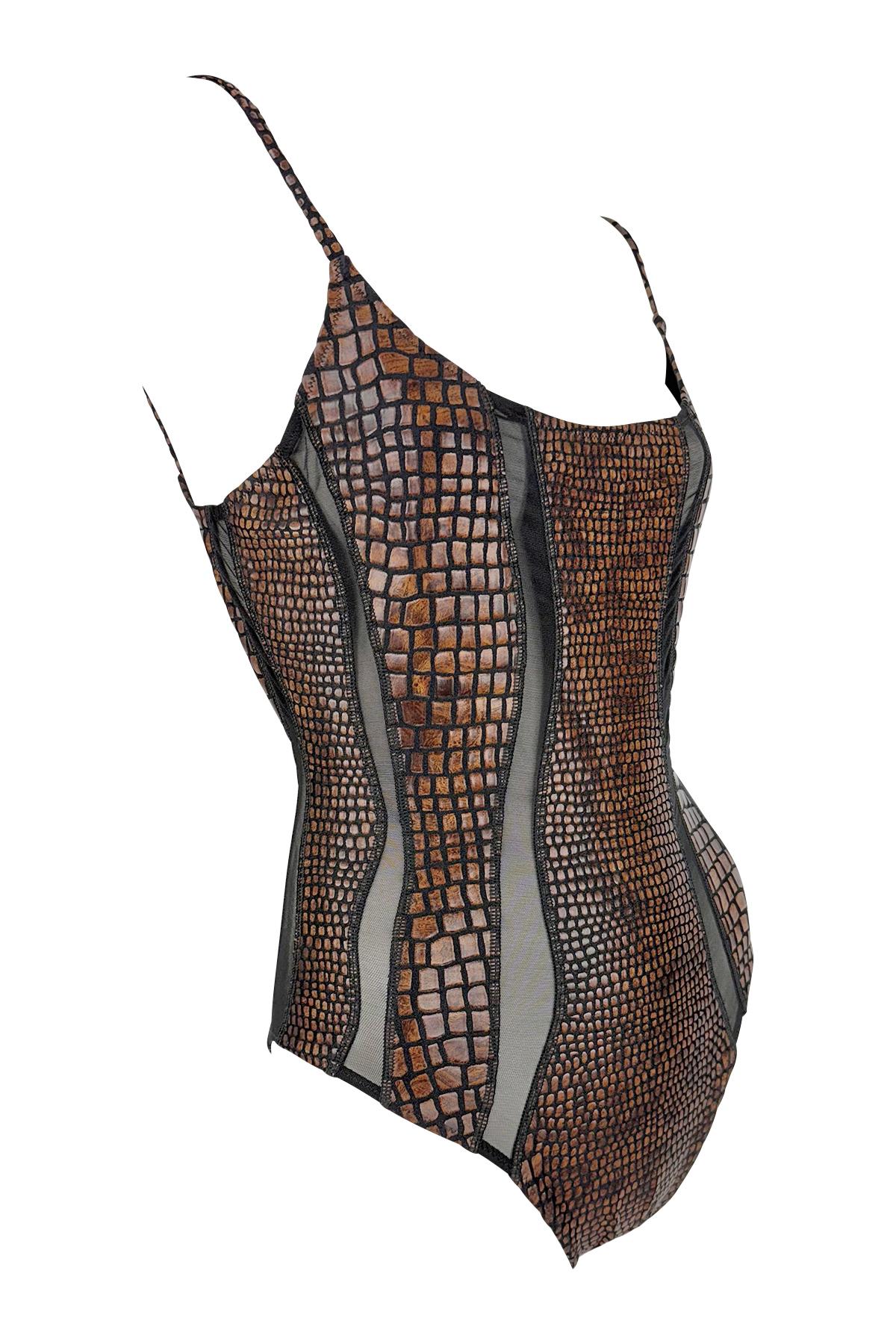 S/S 1993 Gianfranco Ferré Ad Brown Scale Print Sheer Cutout One Piece Swimsuit For Sale 2