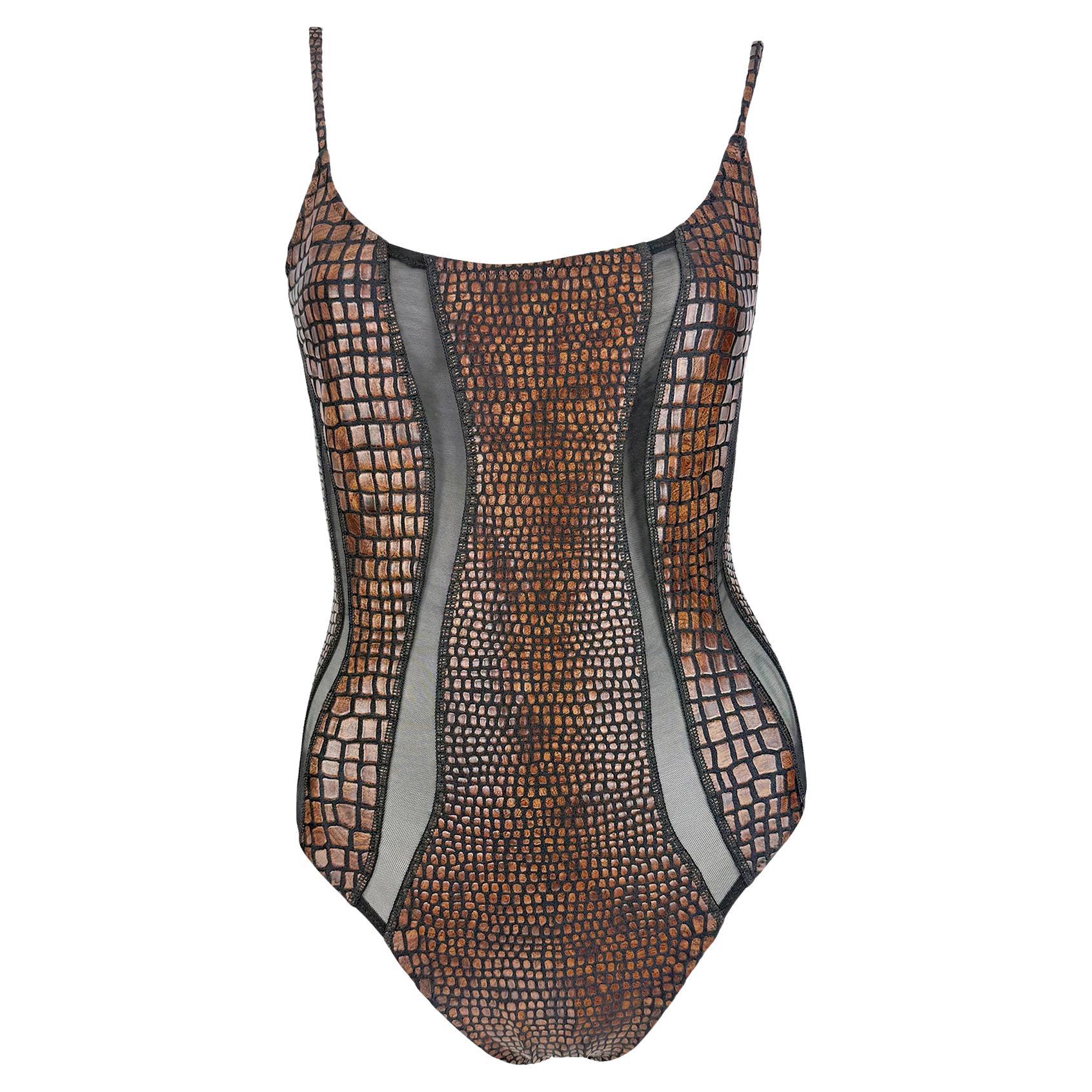 S/S 1993 Gianfranco Ferré Ad Brown Scale Print Sheer Cutout One Piece Swimsuit For Sale