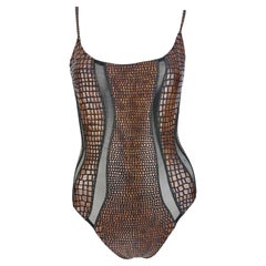 S/S 1993 Gianfranco Ferré Ad Brown Brown Scale Print Sheer Cutout One Piece Swimsuit