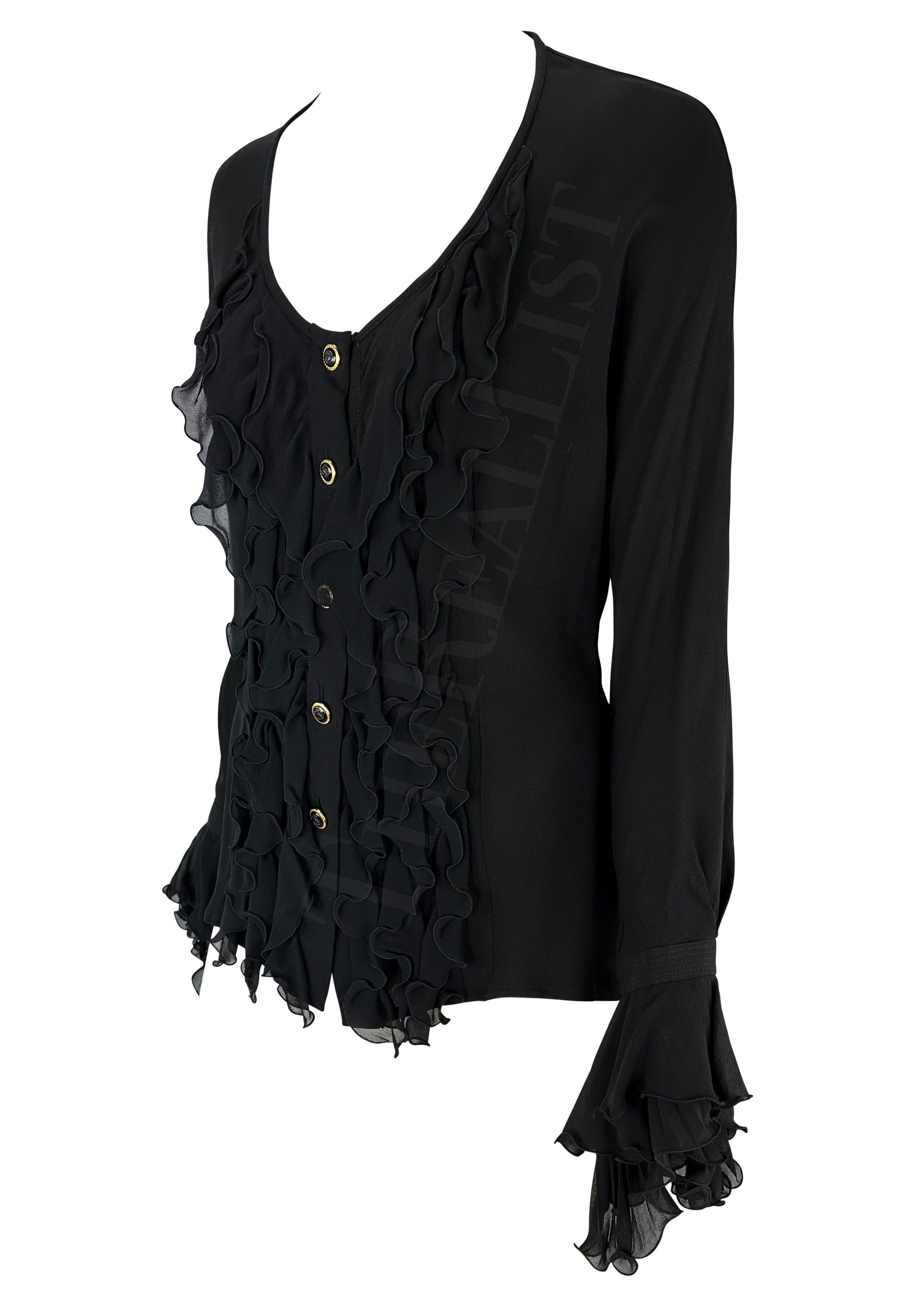 S/S 1993 Gianni Versace Black Bohemian Ruffle Button Runway Down Top In Excellent Condition For Sale In West Hollywood, CA