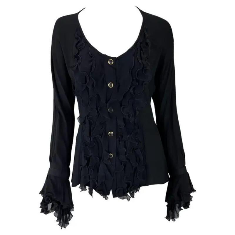 S/S 1993 Gianni Versace Top Negro Bohemio con Volantes y Botones de Pasarela