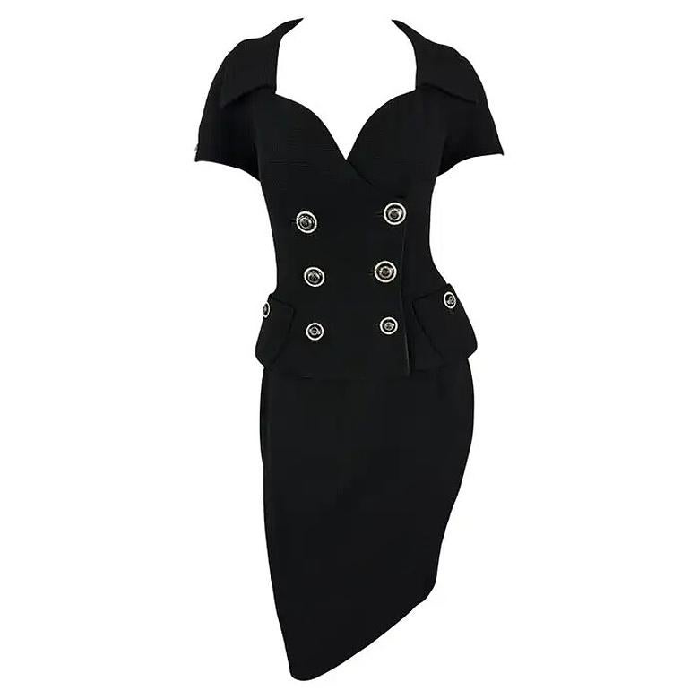 S/S 1993 Gianni Versace Conjunto de Traje con Falda y Doble Pechera de Punto Gofre Negro