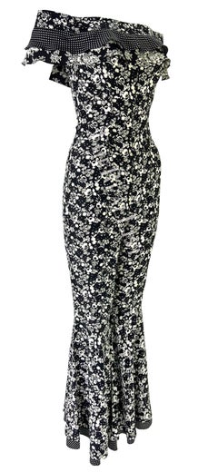 S/S 1993 Gianni Versace Black White Floral Flared Bell-Bottom Catsuit