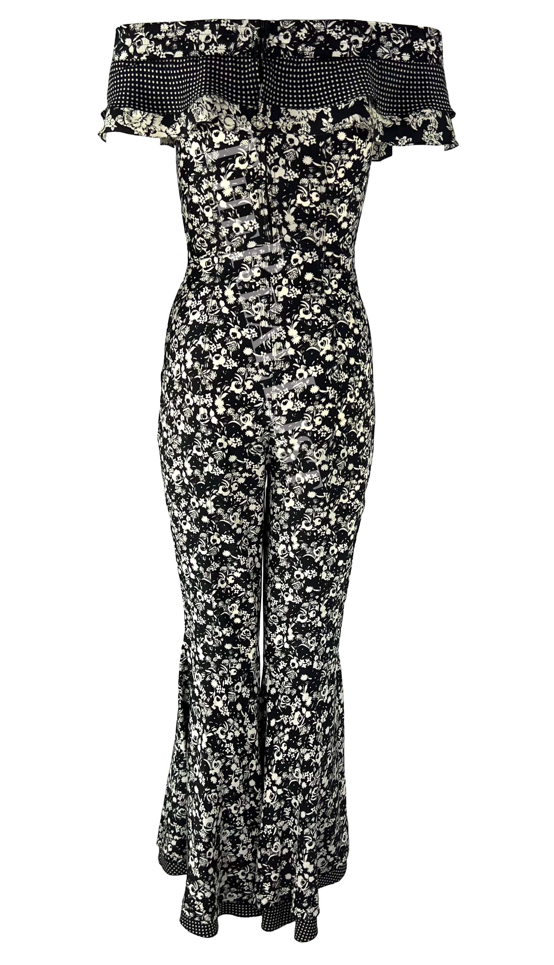 S/S 1993 Gianni Versace Black White Floral Flared Bell-Bottom Catsuit For Sale 1