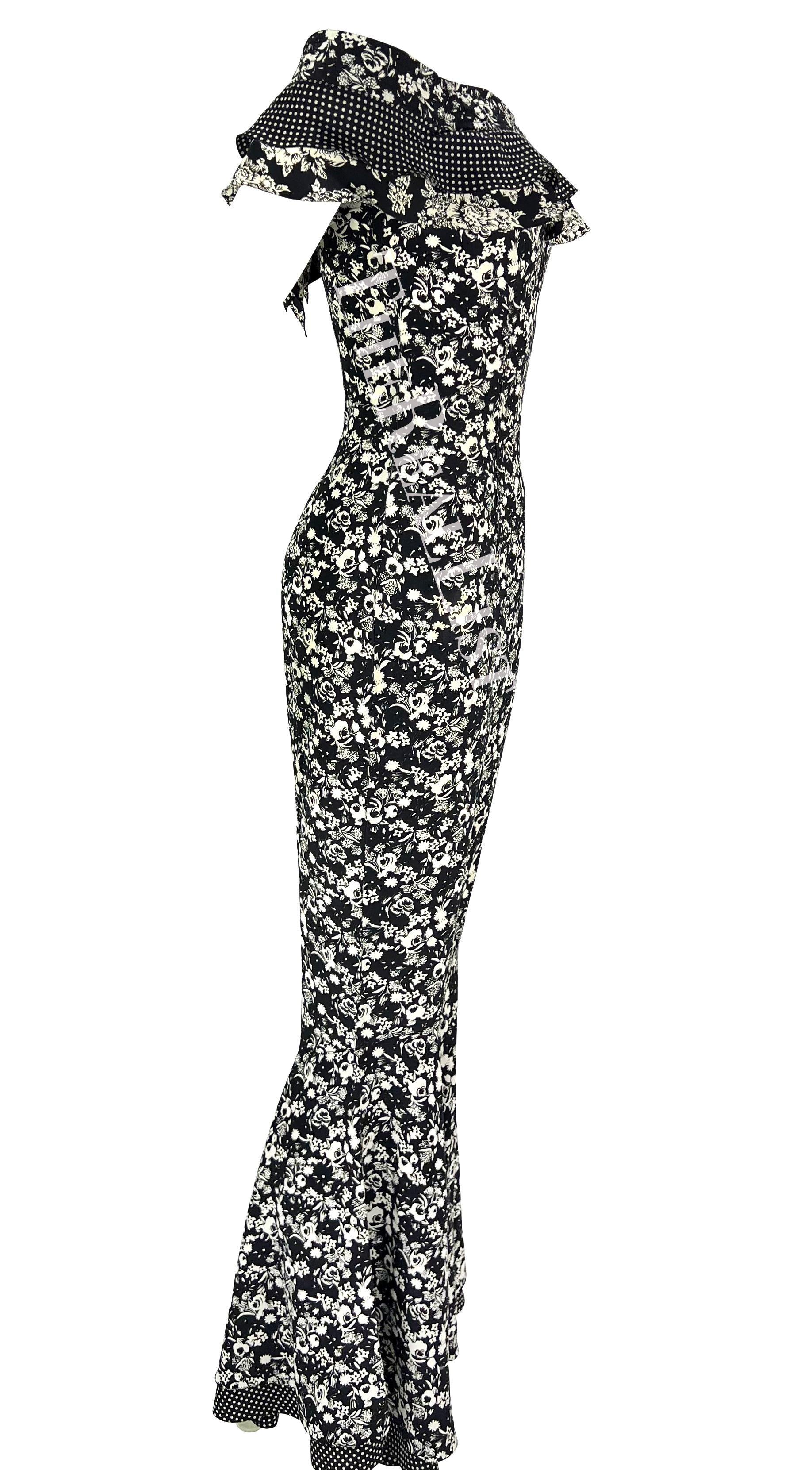 F/S 1993 Gianni Versace Schwarz-Weißer, geblümter Catsuit mit Glockenaufsatz im Angebot 3