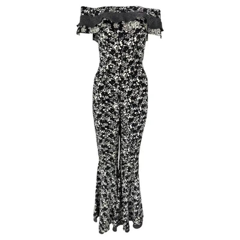 F/S 1993 Gianni Versace Schwarz-Weißer, geblümter Catsuit mit Glockenaufsatz