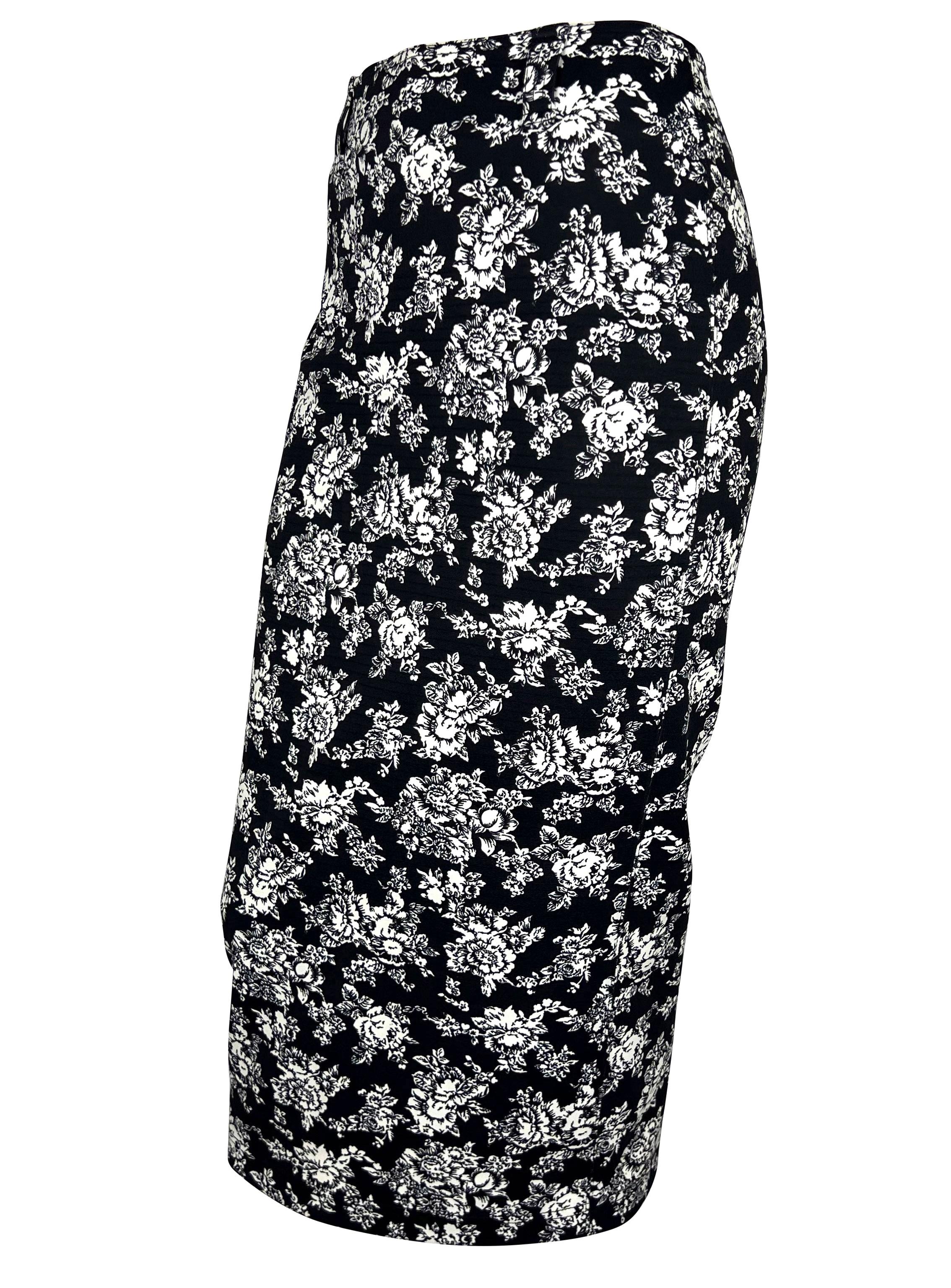 Presenting a black and white floral bodycon skirt designed by Gianni Versace for his Spring/Summer 1993 collection. The floral print is a spandex and rubber blend that perfectly hugs and enhances the wearer. Check out our storefront for more vintage