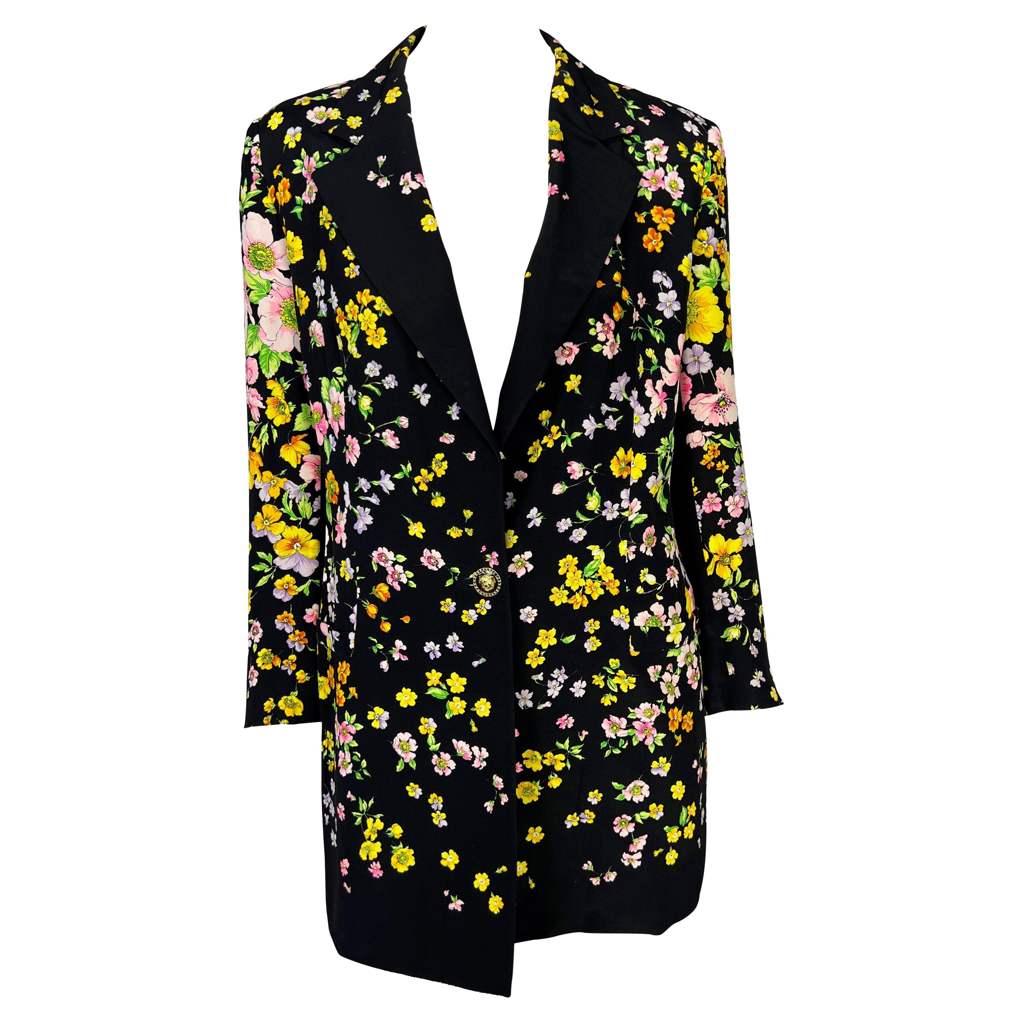 S/S 1993 Gianni Versace Couture Black Floral Print Silk Medusa Blazer Jacket