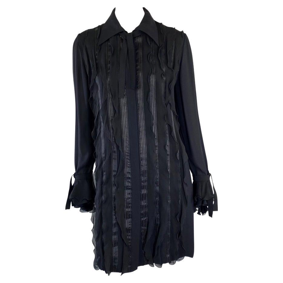 S/S 1993 Gianni Versace Couture Black Ruffle Chiffon Ribbon Shirt Dress  For Sale