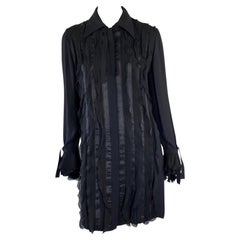 Retro S/S 1993 Gianni Versace Couture Black Ruffle Chiffon Ribbon Shirt Dress 