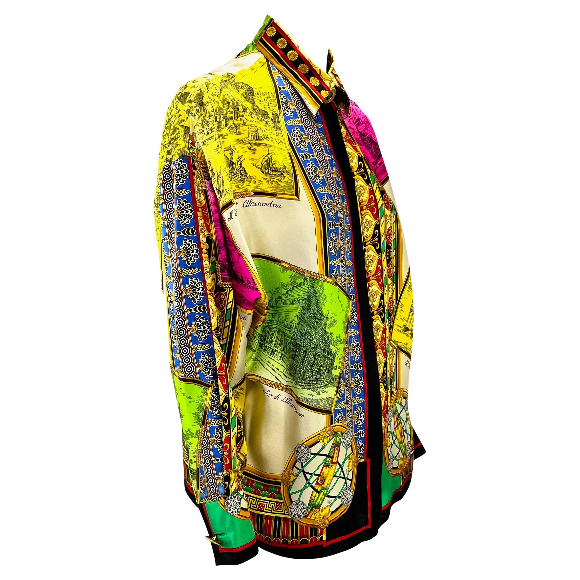 Women's S/S 1993 Gianni Versace Couture Printed Silk Medusa Medallion Button Down Top For Sale
