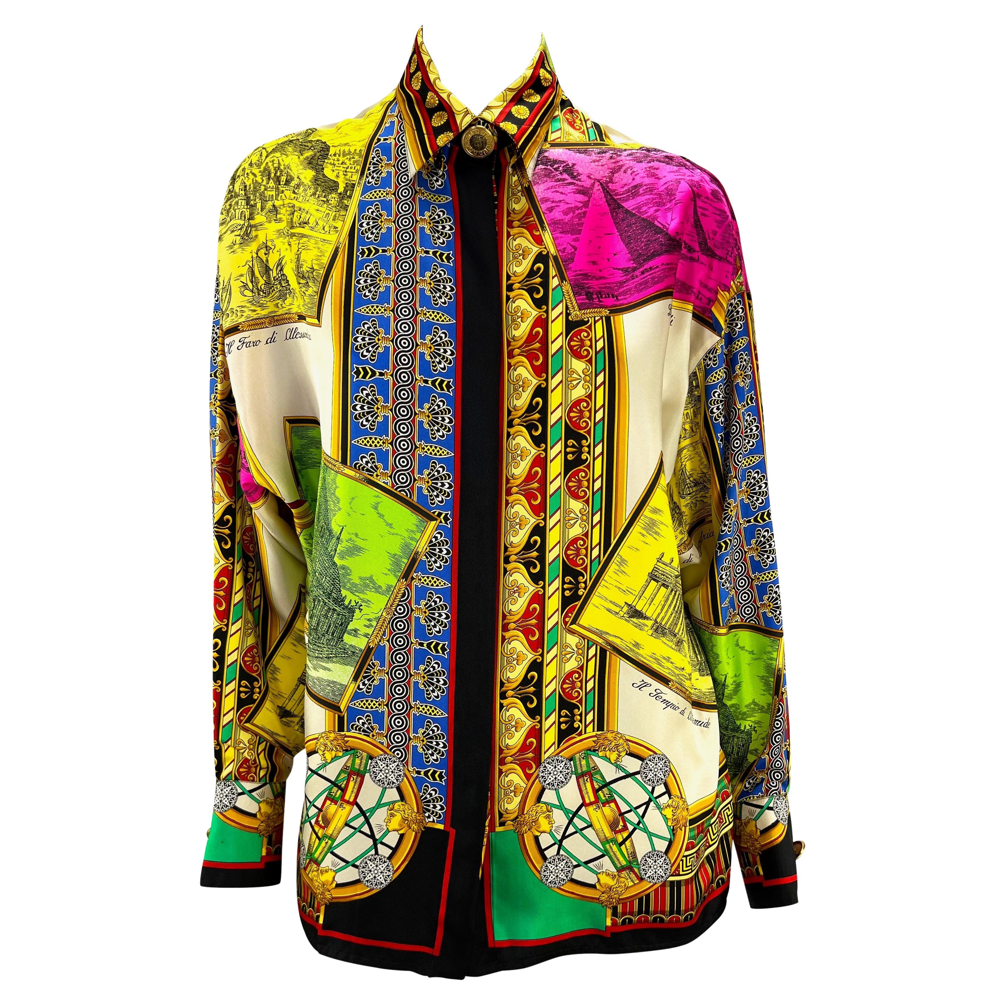 S/S 1993 Gianni Versace Couture Printed Silk Medusa Medallion Button Down Top For Sale
