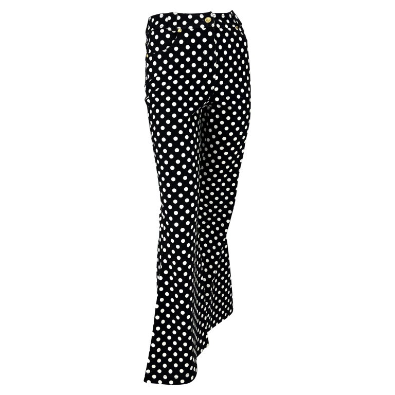 S/S 1993 Gianni Versace Couture Runway Black Polka Dot Flare Bell Bottom Jeans For Sale 5