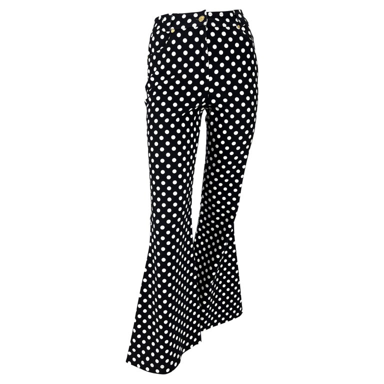 S/S 1993 Gianni Versace Couture Runway Black Polka Dot Flare Bell Bottom Jeans For Sale