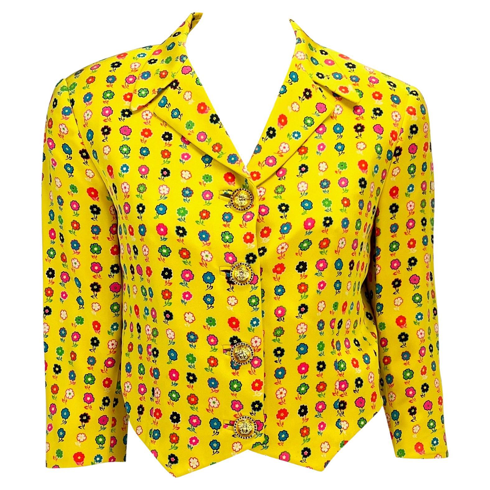 S/S 1993 Gianni Versace Couture Runway Yellow Floral Medusa Blazer Jacket For Sale