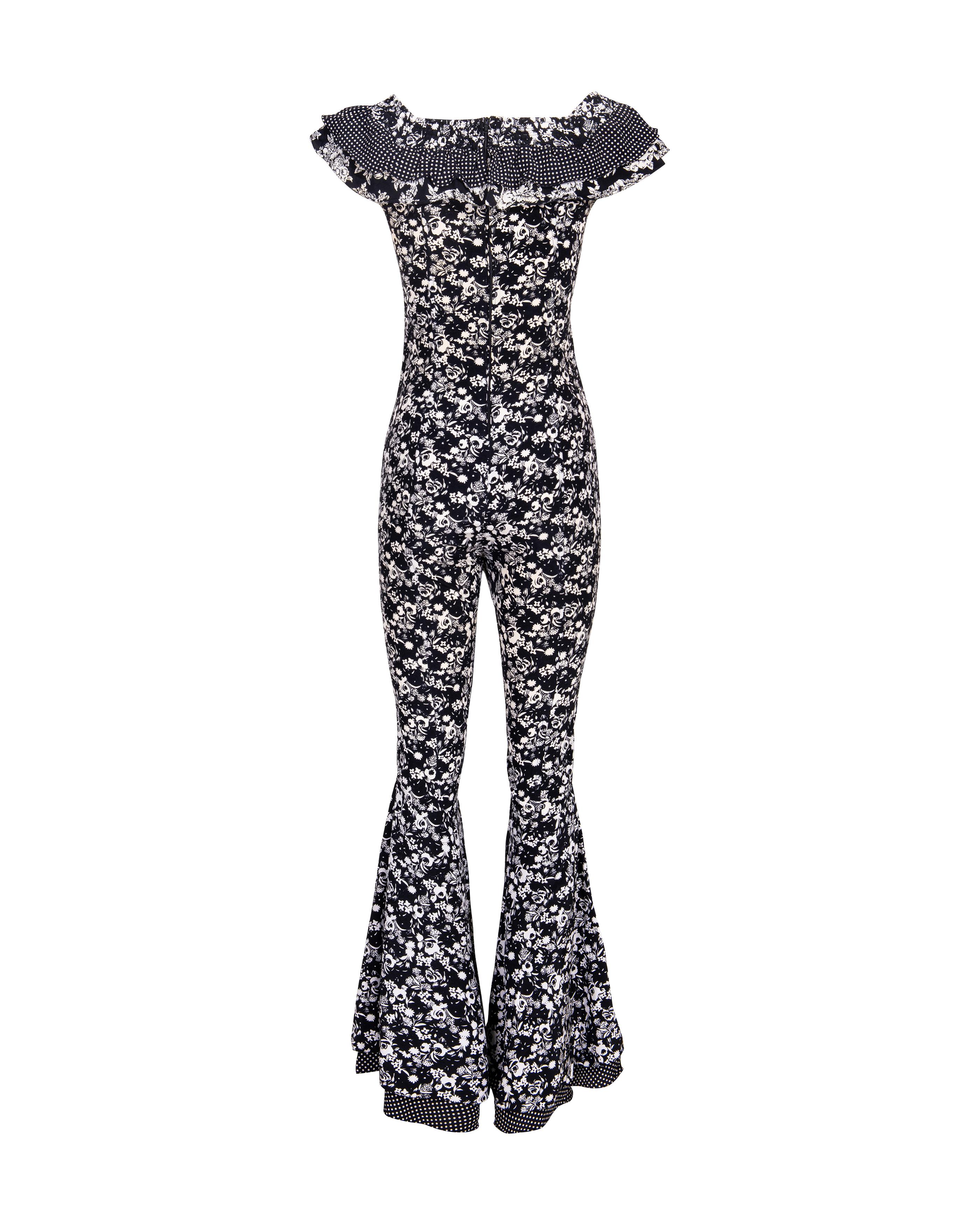 S/S 1993 Gianni Versace Floral and Polka Dot Pattern Bell-Bottom Jumpsuit For Sale 1